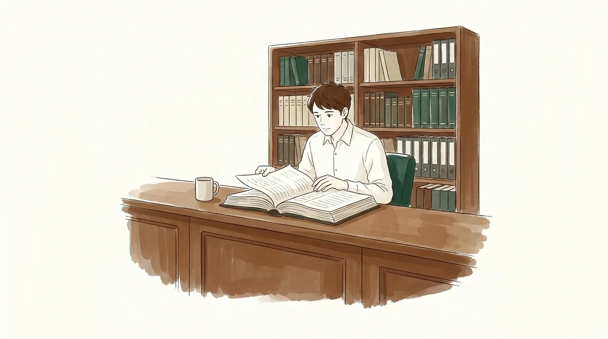 窓口のカウンターで分厚い台帳をめくる人のイラスト