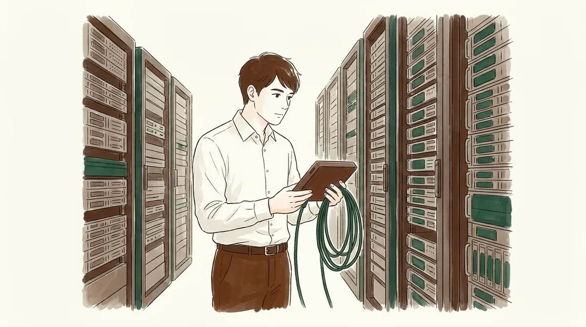 サーバーラックの前で外付けディスクとケーブルを手に立つ人のイラスト