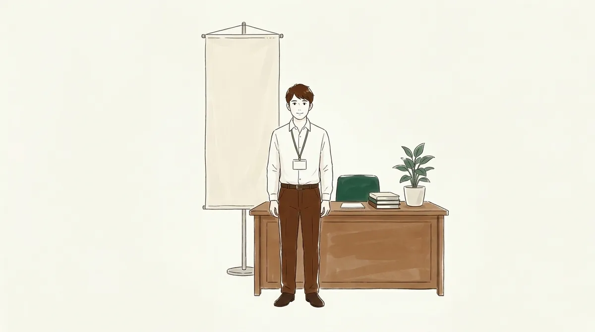 イベント会場の受付前で名札を下げて立つ人のイラスト