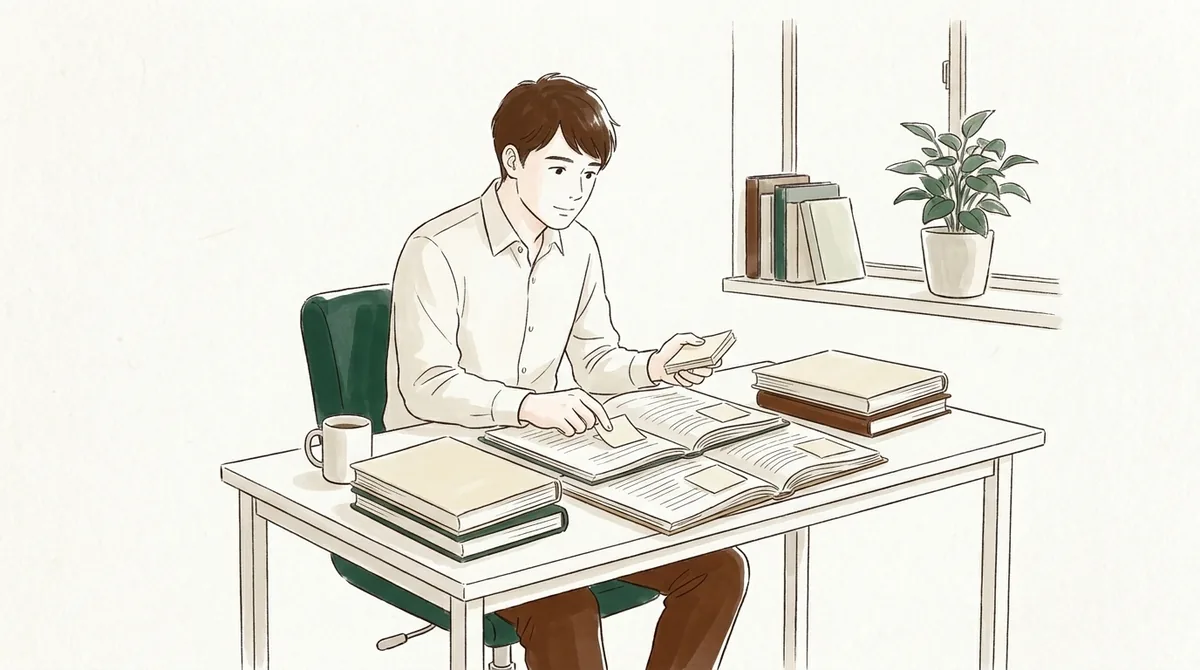 机に広げた厚い報告書に付箋を貼る人のイラスト