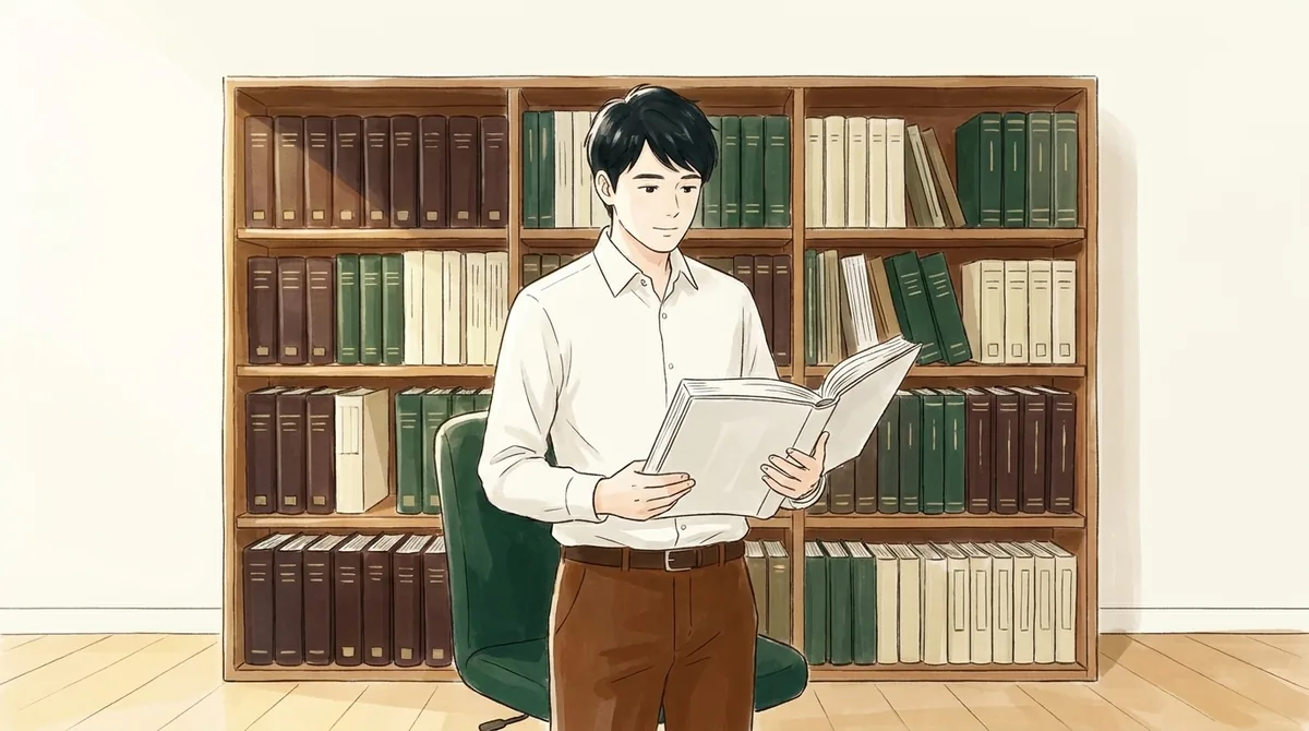 報告書の並ぶ書架から一冊を抜き出して開く人のイラスト